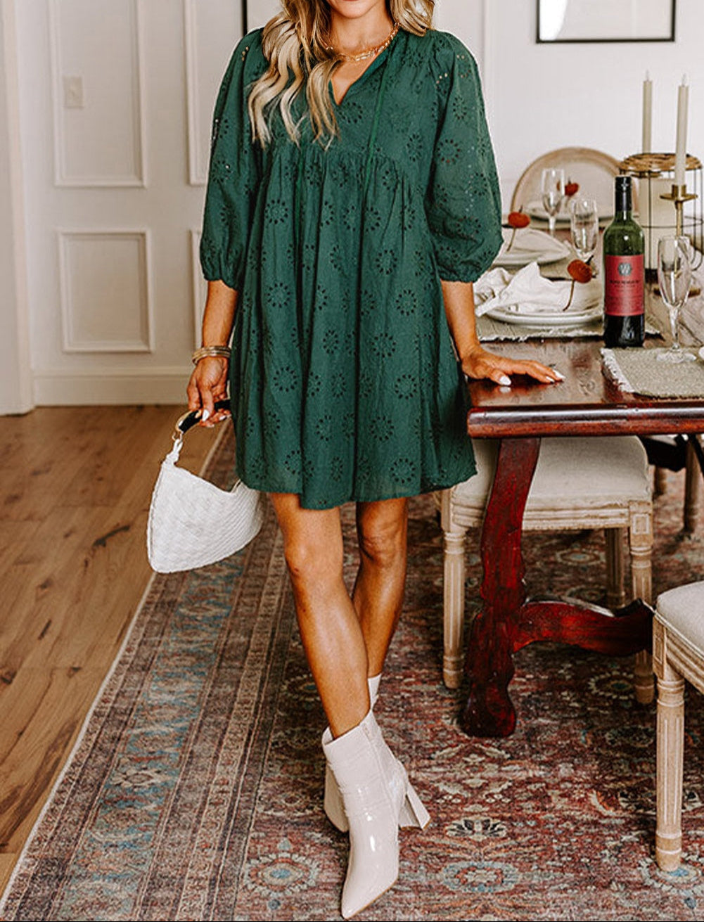 Embroidered Eyelet Pattern 3/4 Puffy Sleeve Swing Mini Dress