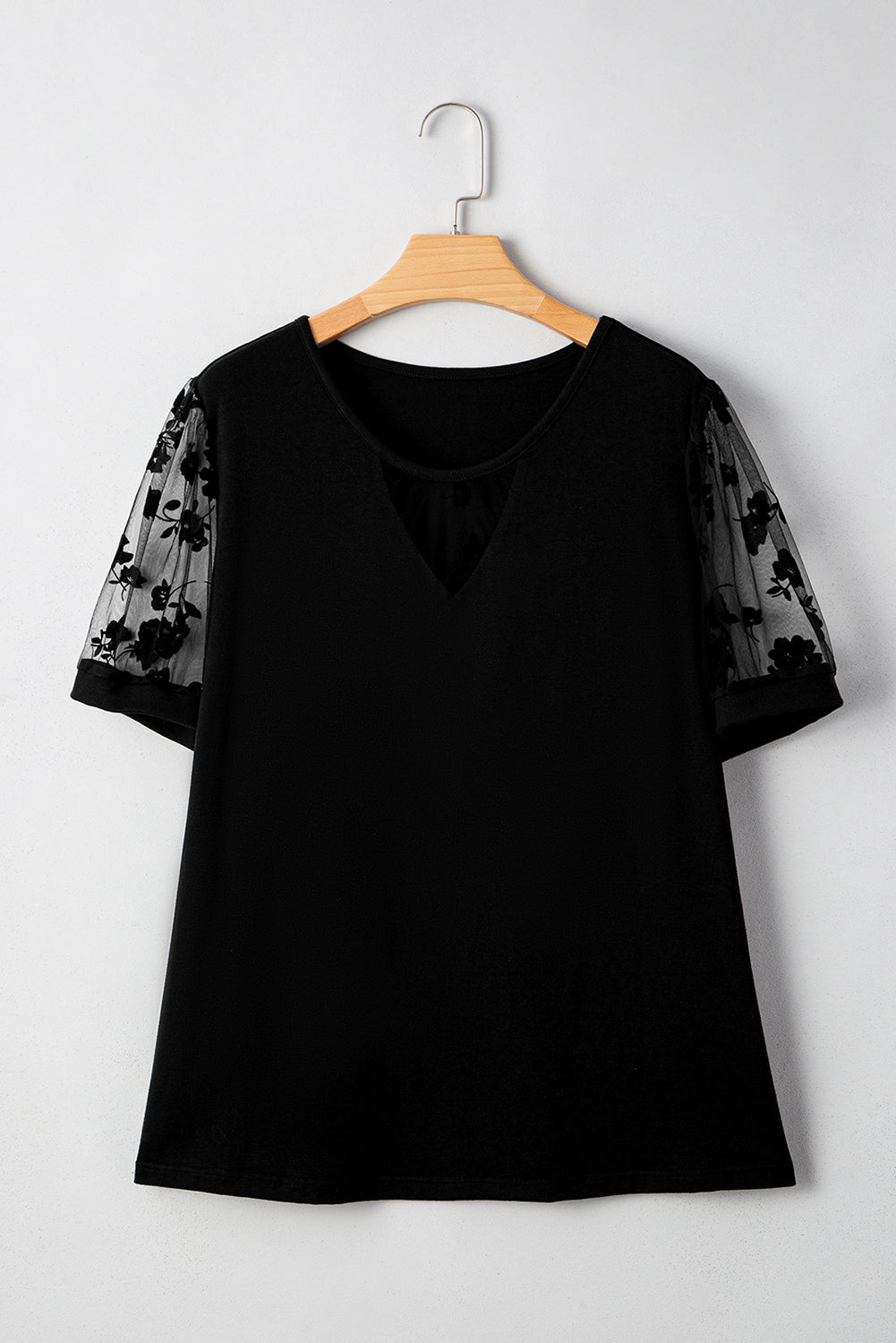 Floral Mesh Patchwork Loose V Neck Plus Size T Shirt