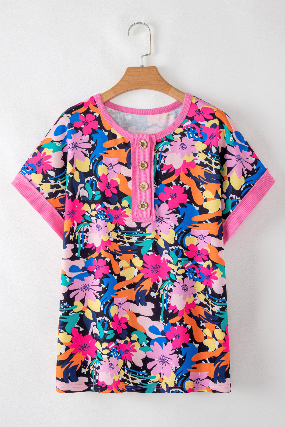 Plus Size Floral Contrast Edge Henley Top
