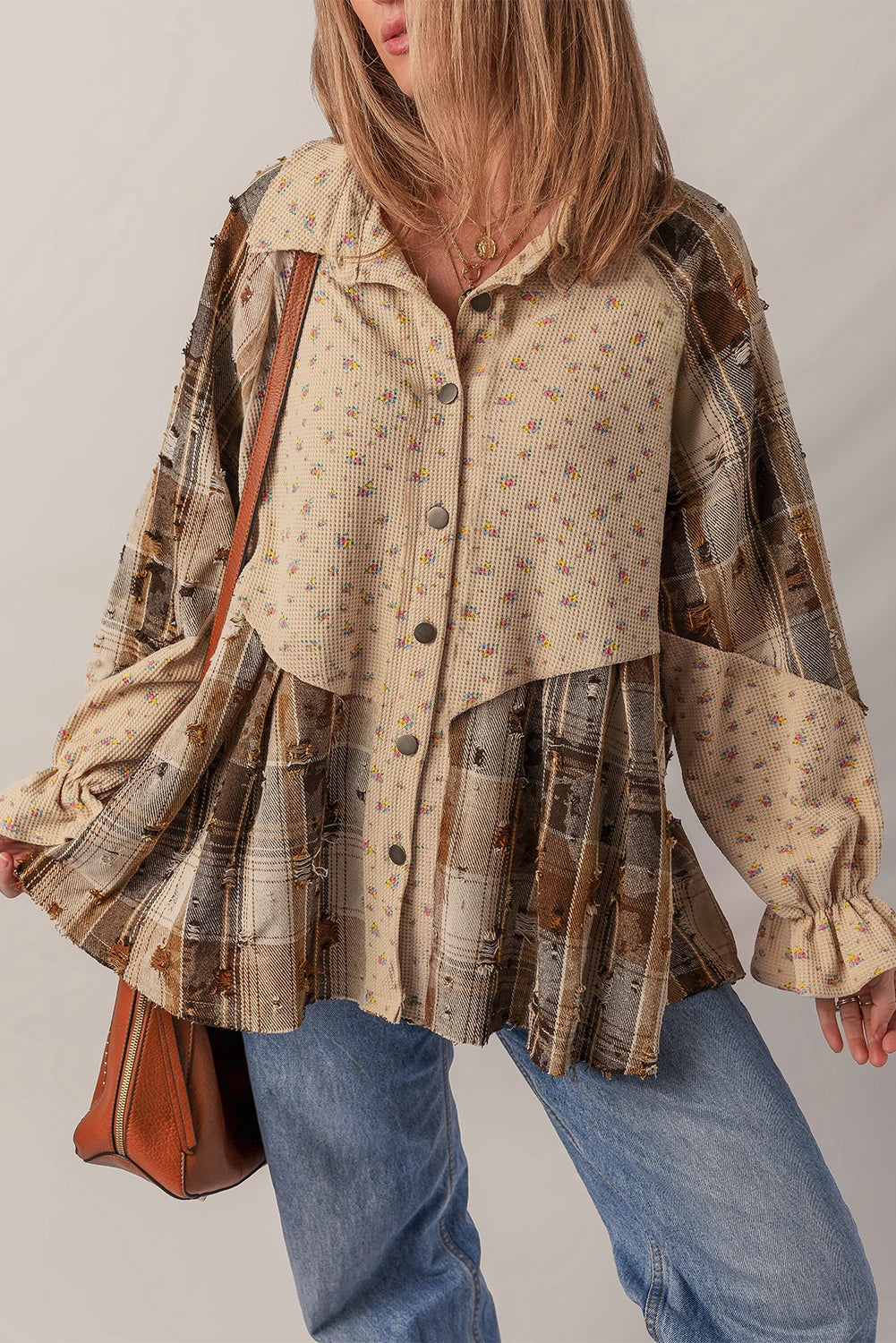 Patchwork Distressed Detail Ruffled Sleeve Waffle Knit Shacket