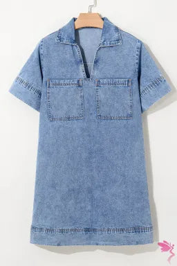 Short Sleeve Collared Patched Pocket Denim Mini Dress