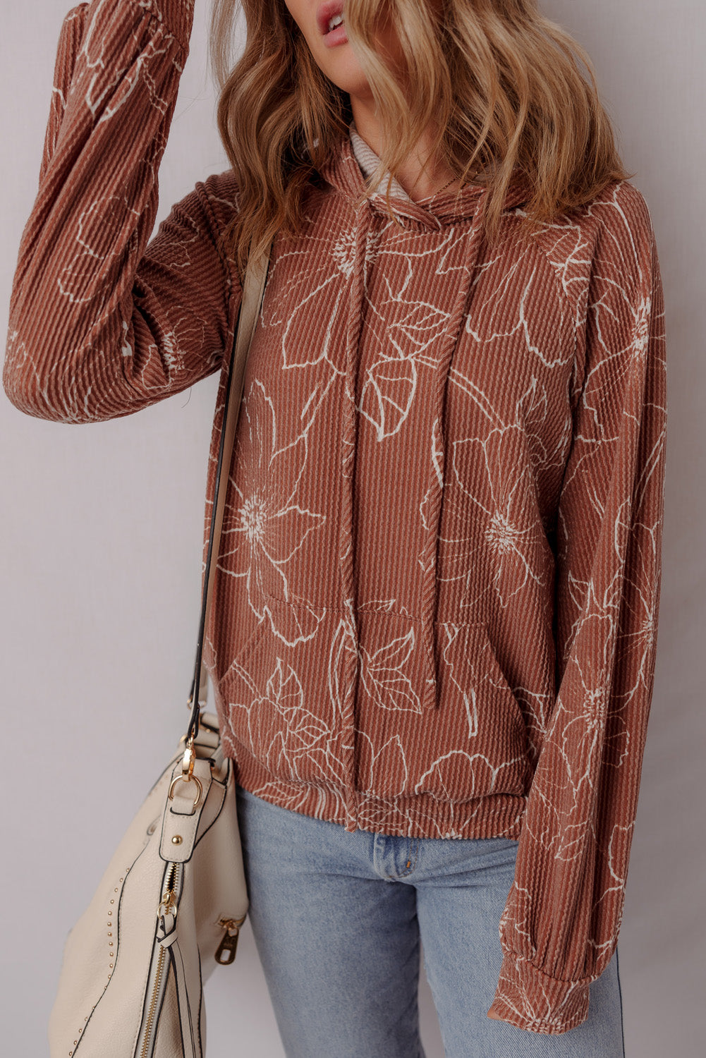 Floral Twisted Rib Drawstring Kangaroo Pocket Hoodie