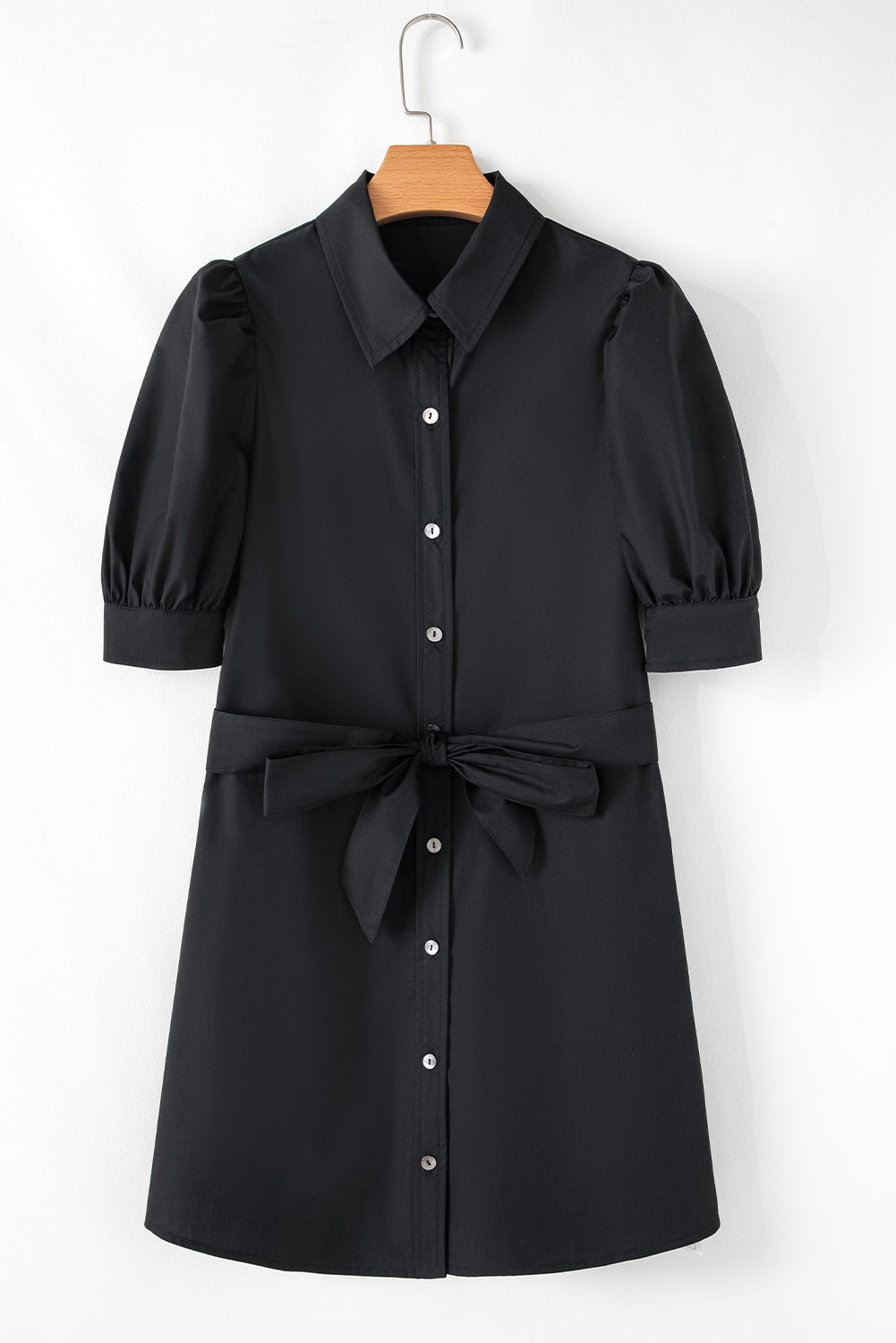 Button Up Tie Waist Puff Sleeve Mini Dress