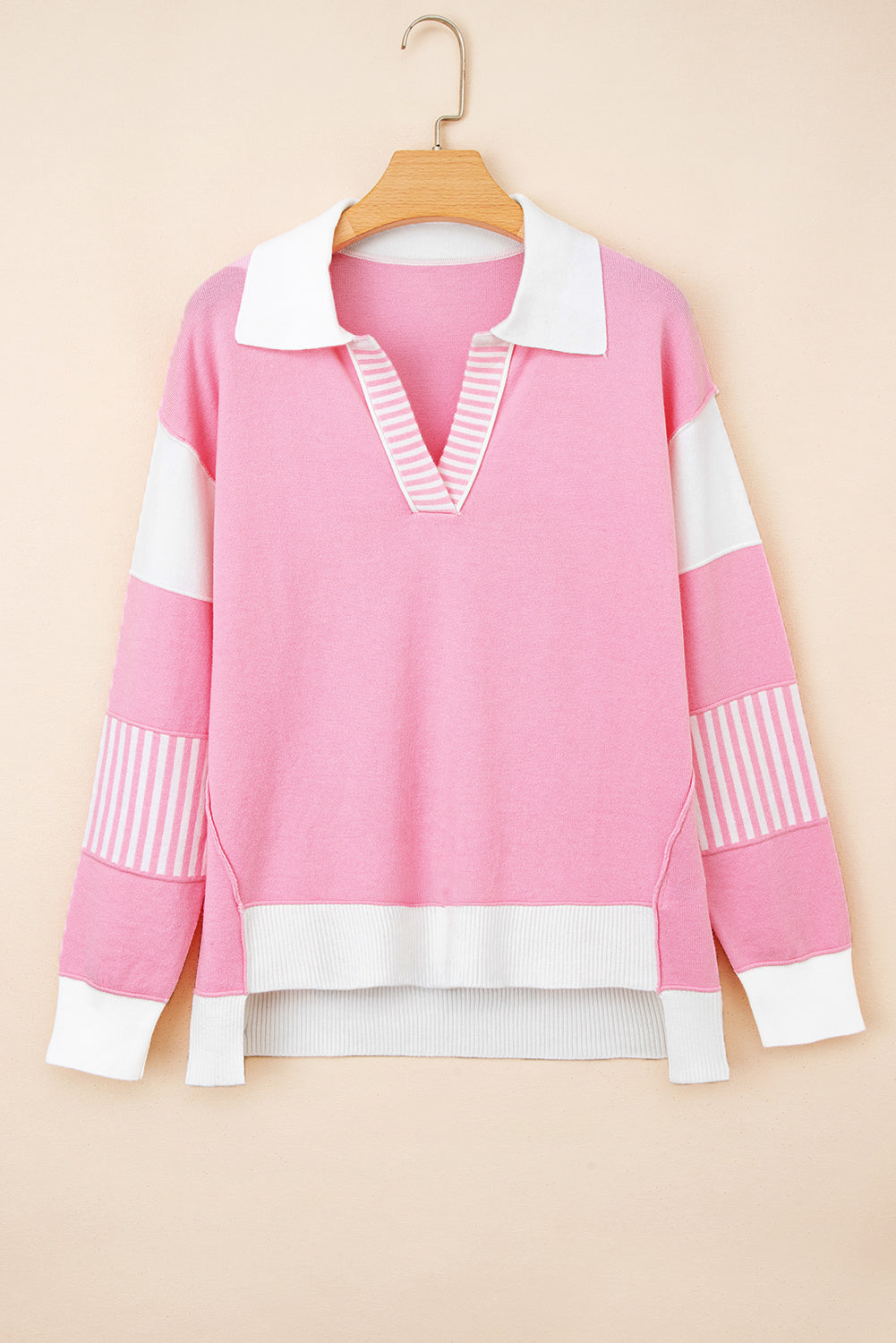 Contrasting Polo Collar Color Block Knit Drop Shoulder Sweater