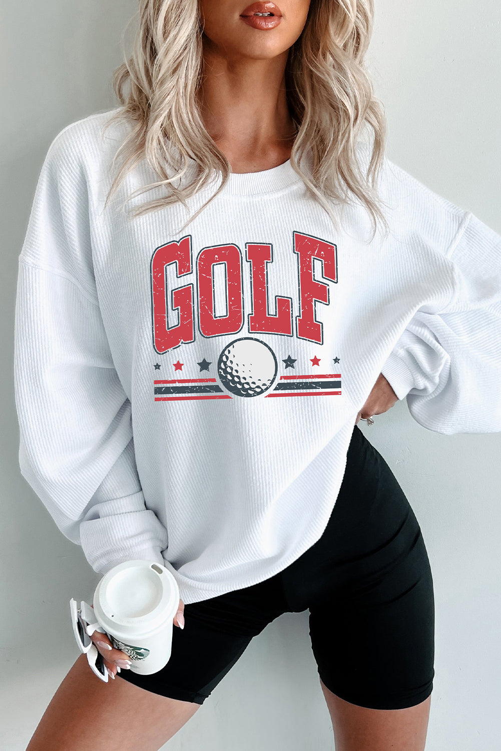 GOLF Ball Print Ribbed Drop Shoulder Baggy Sweatshirt