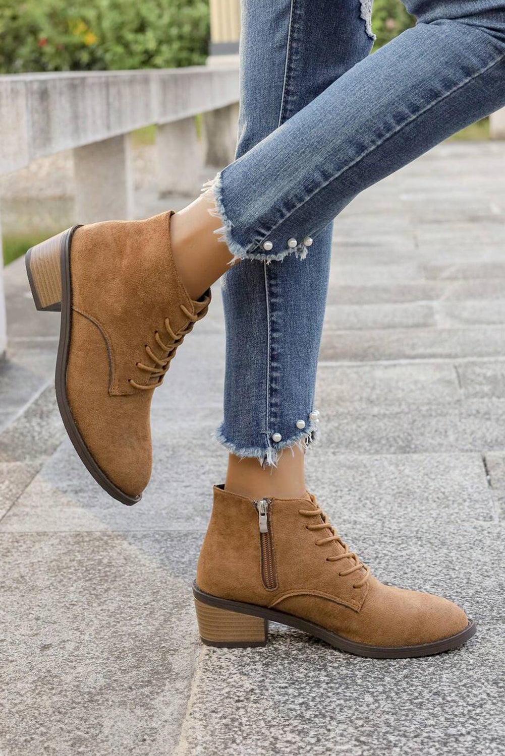 Faux Suede Zip Side Lacing Detail Ankle Boots