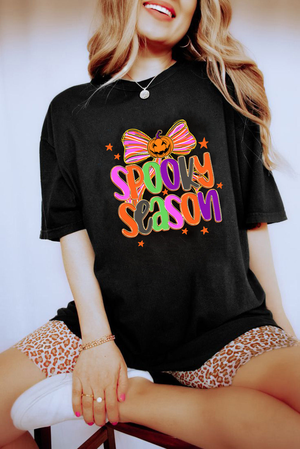 SPOOKY SEASON Halloween Pumpkin Bow Print T Shirt