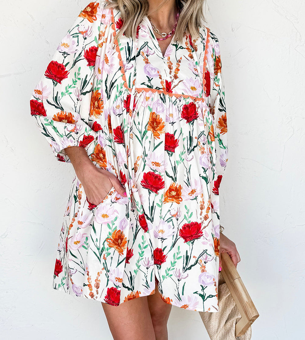 Floral Print 3/4 Puff Sleeve Ricrac Trim Mini Dress