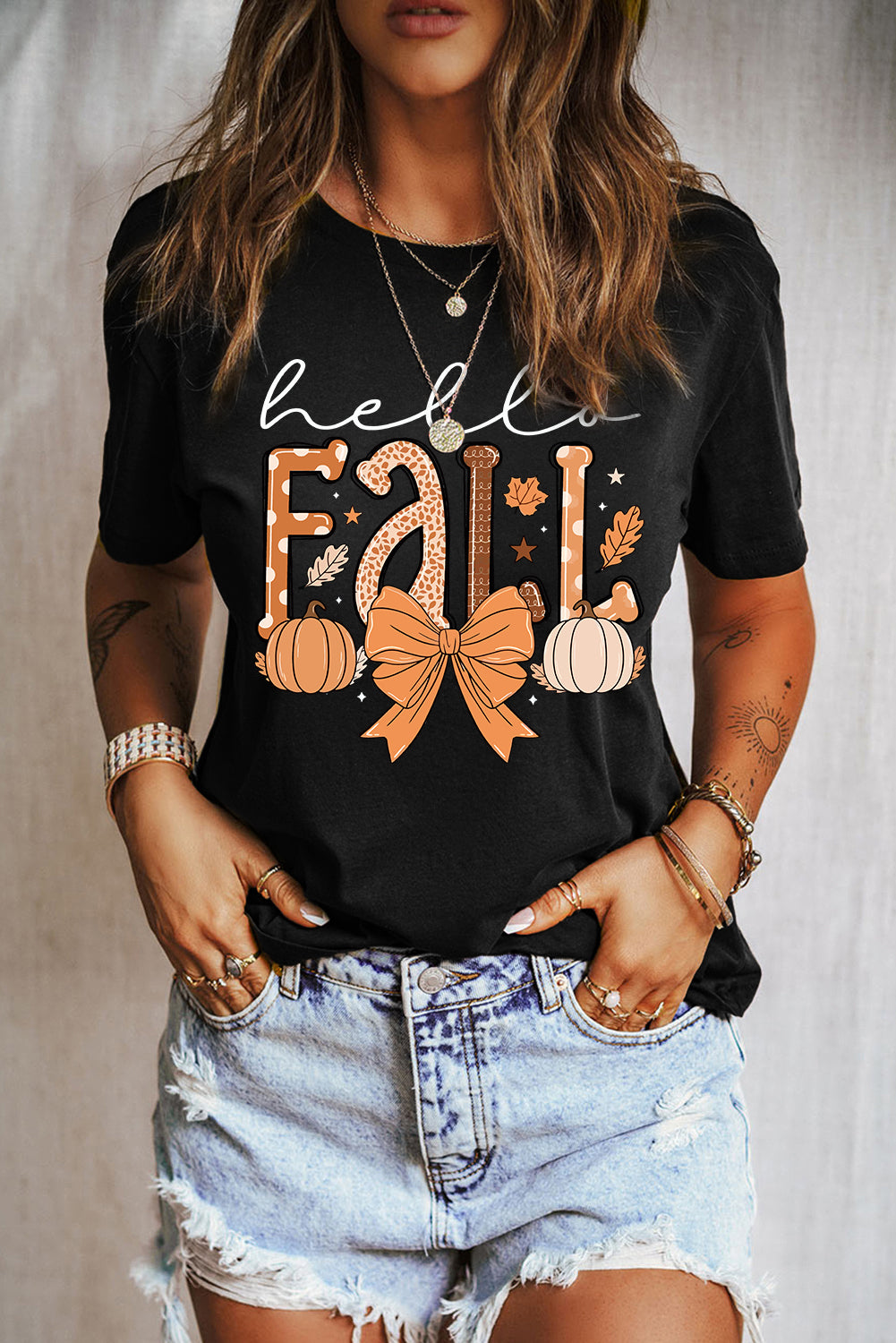 Hello Fall Thanksgiving Bow Pumpkin Graphic Tee