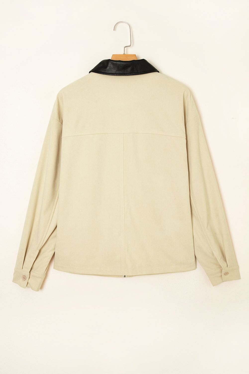 Contrast Leather Collar Textured Zip Up Jacket