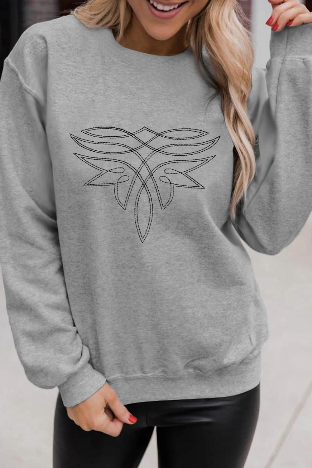 Western Pattern Embroidered Drop Shoulder Pullover Top