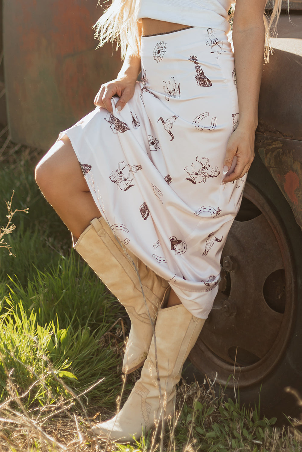 Western Print Satin Long Skirt