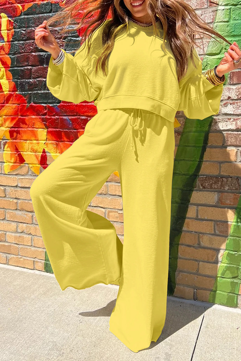 Drop Shoulder Puff Sleeve Crop Pullover Drawstring Wide Leg Pants Set