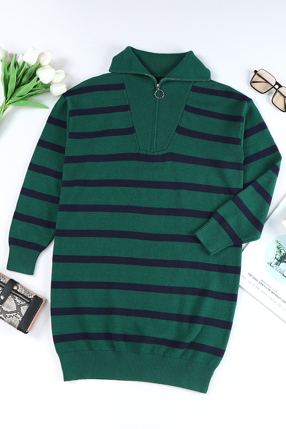 Striped O-ring Zip Collared Loose Sweater Mini Dress