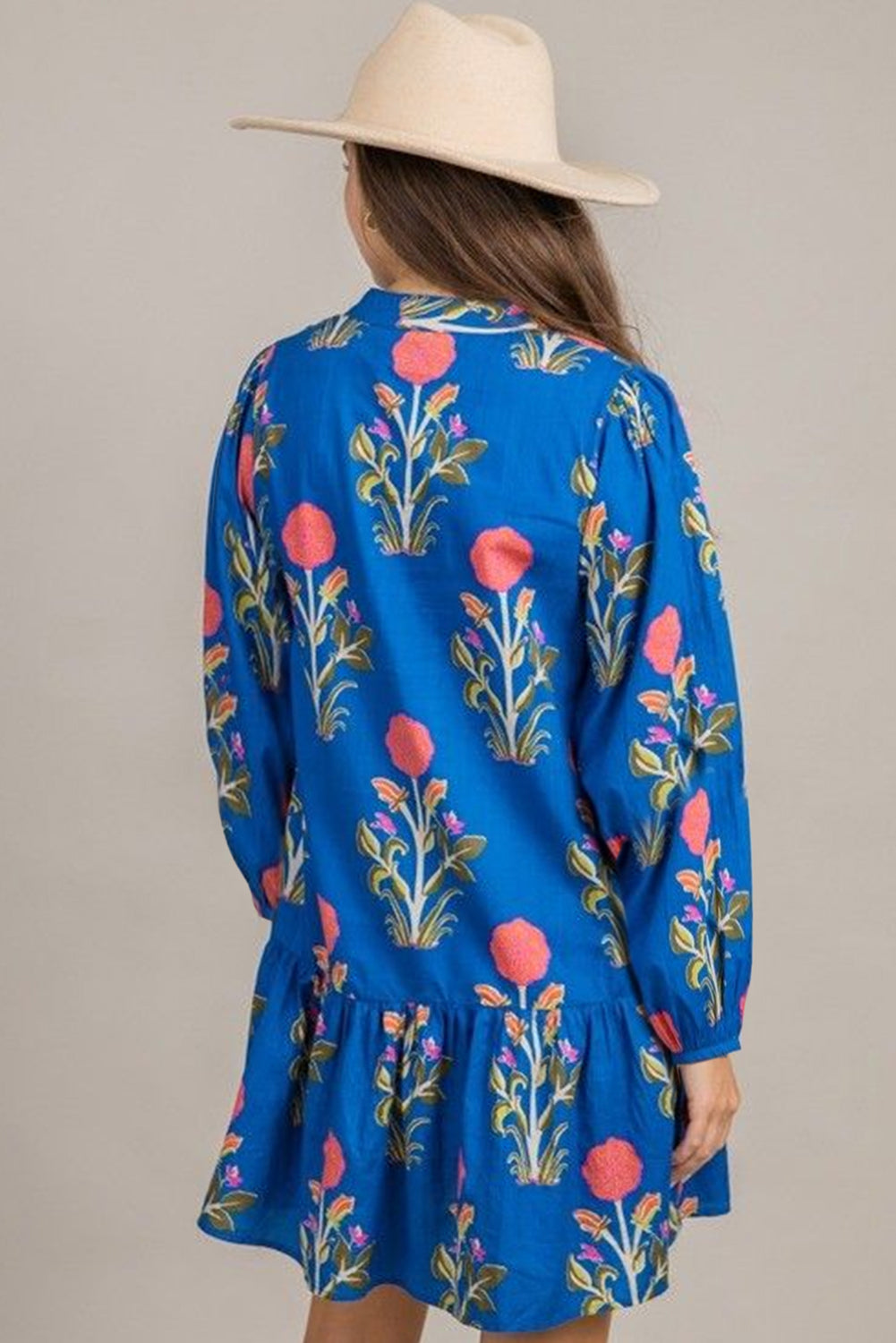 Floral Print Contrast Striped Trim Notched Neck Long Sleeve Dress