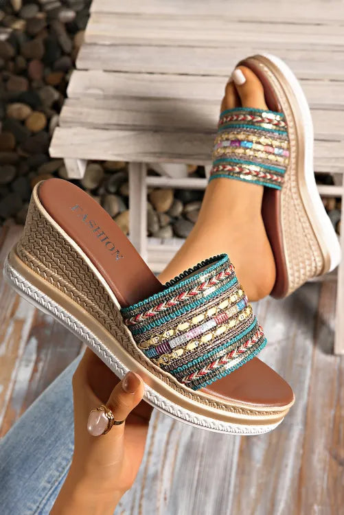 Woven Band PU Leather Wedge Slippers