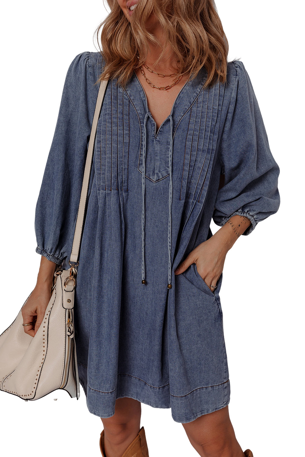 3/4 Sleeve Tied V Neck Pleated Denim Mini Dress