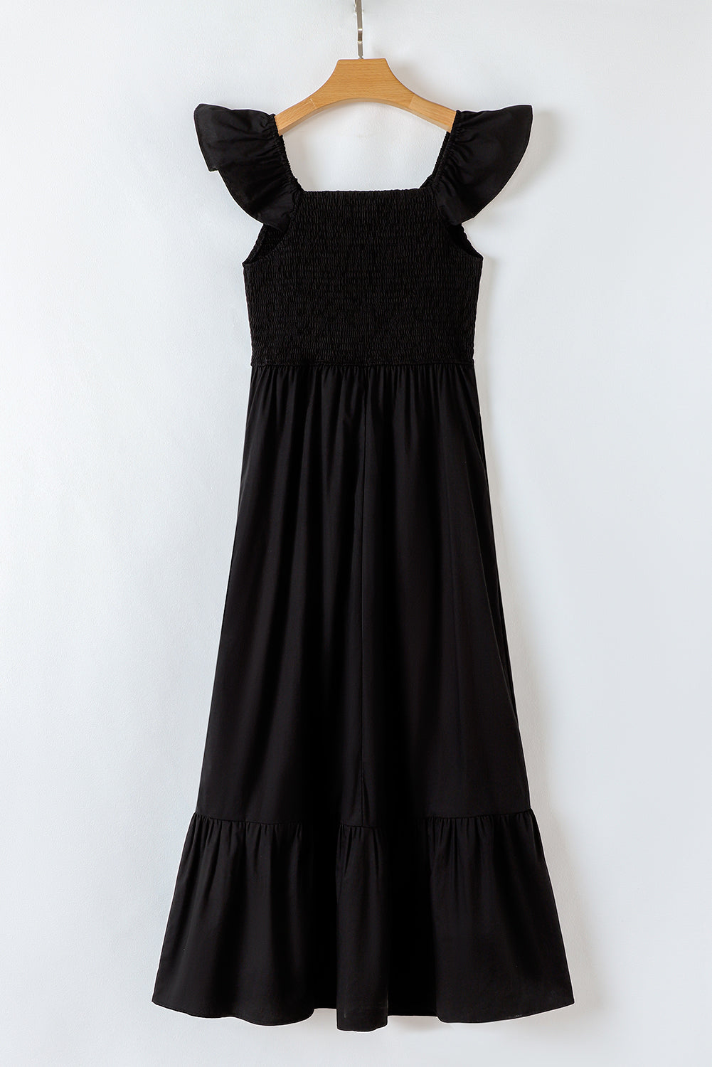 V Neck Flutter Sleeve Smocked Bodice High Waist Ruffle Maxi Dress