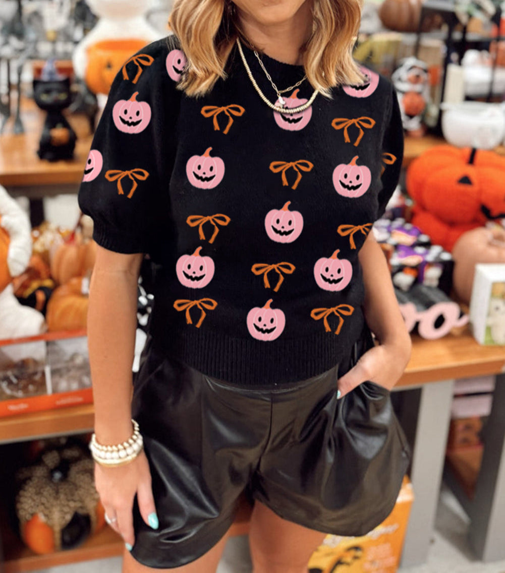 Short Puff Sleeve Bow Knot Plush Skeleton Halloween Sweater