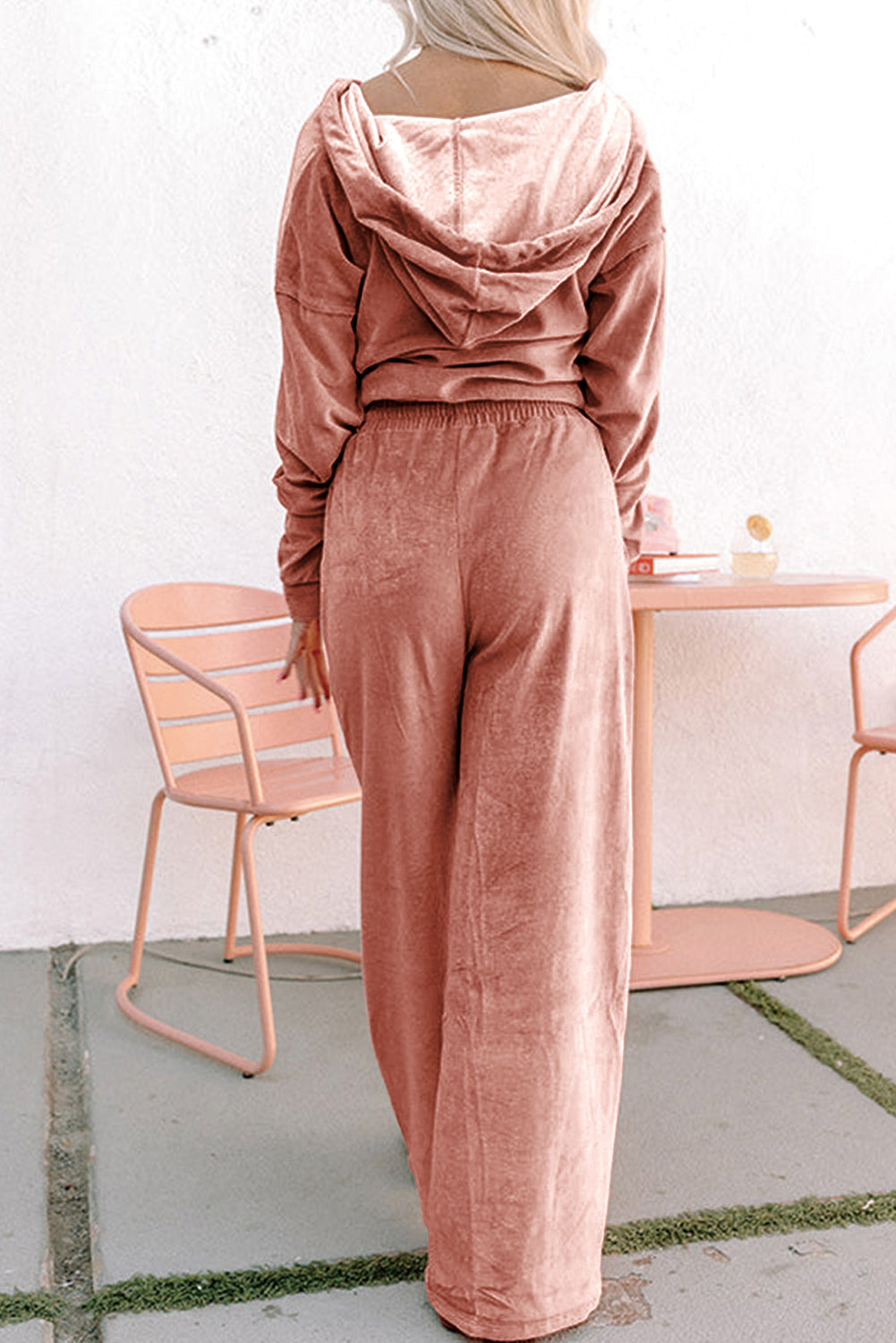 Velvet Zip-up Hoodie and Wide Leg Pants Set