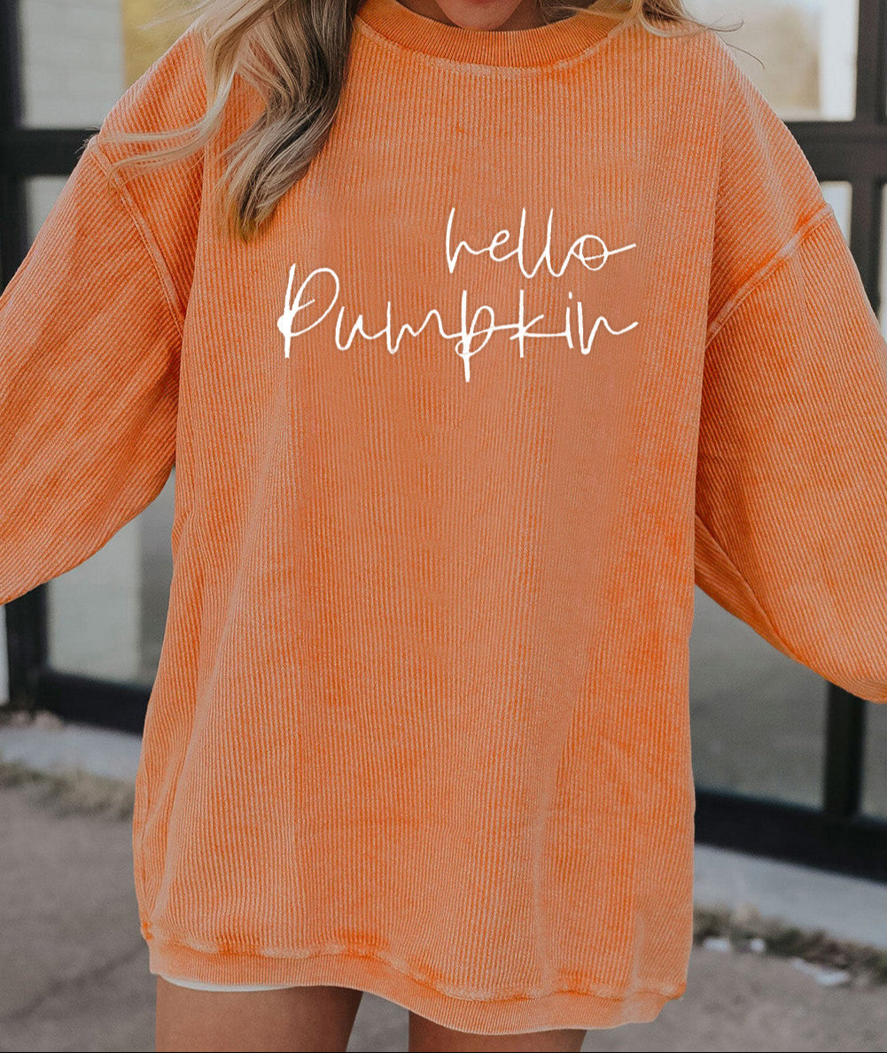 Hello pumpkin Letter Embroidered 3D Ribbed Texture Baggy Sweatshirt