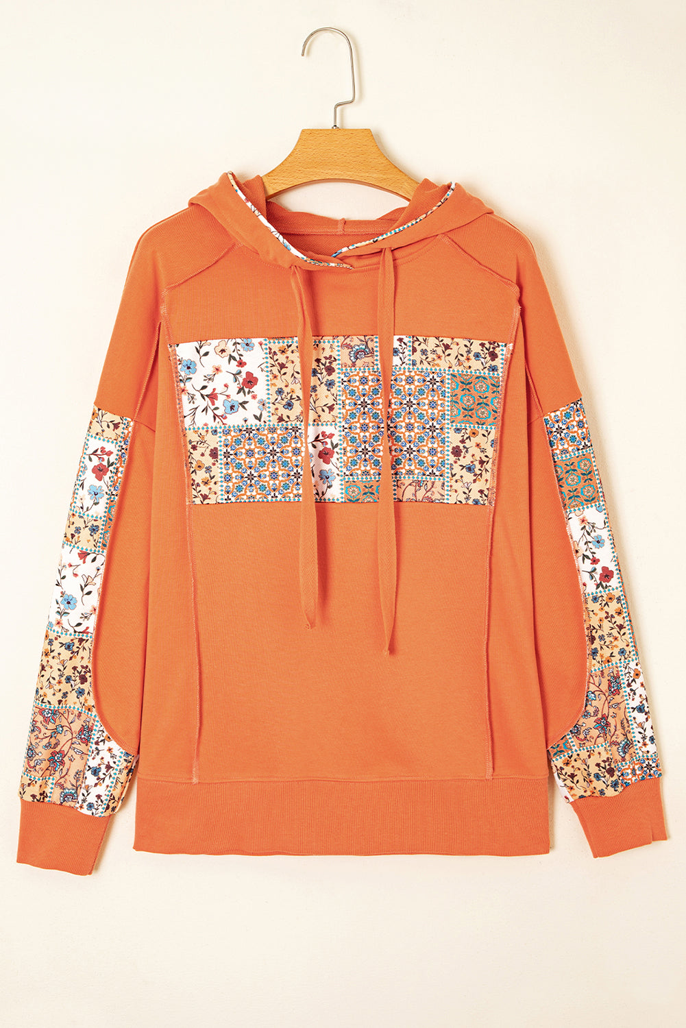Mix Floral Patchwork Side Slit Drawstring Hoodie