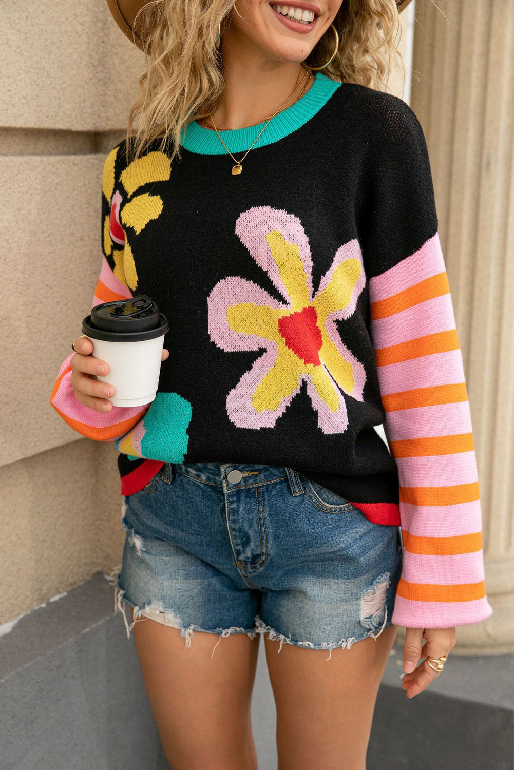 Cute Flower Pattern Striped Sleeve Sweater