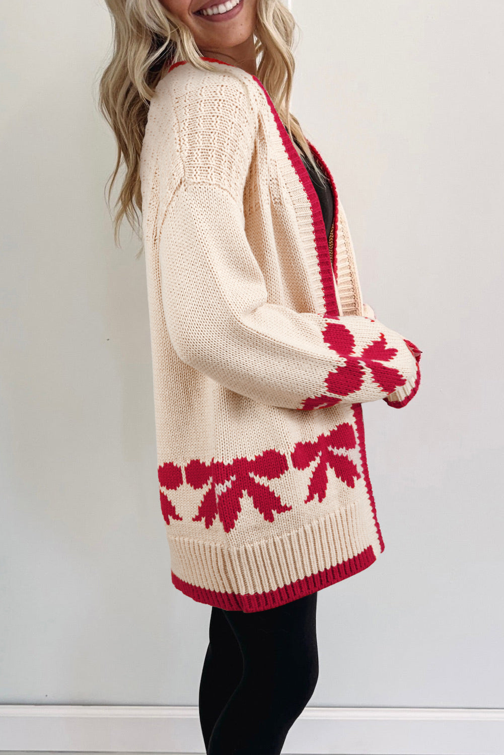Bow Pattern Textured Open Front Baggy Cardigan
