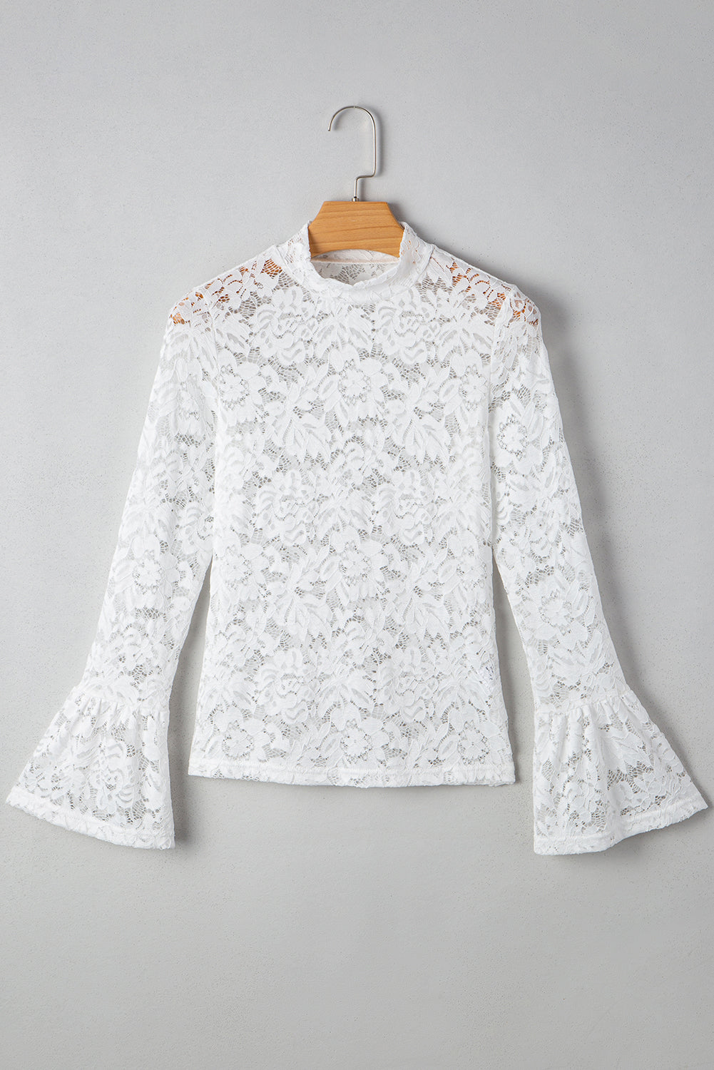 Lace Crochet Bell Sleeve Mock Neck Blouse