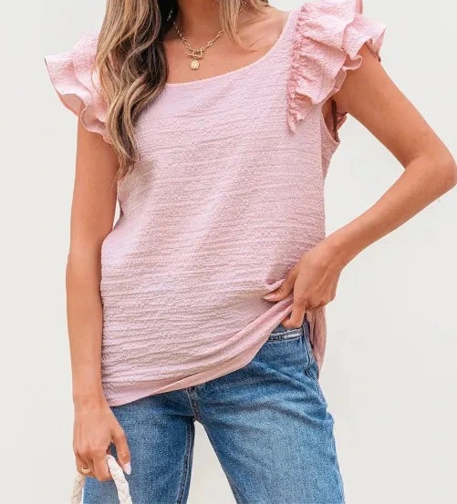 Pink Textured Bow Knot Frilled Butterfly Sleeve Blouse