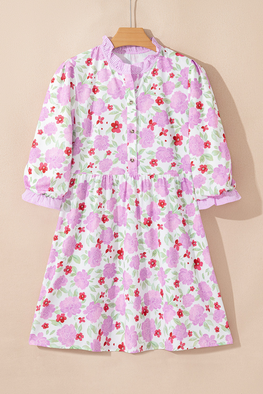 Floral Print Striped Trim Frilled Neck 3/4 Sleeve Flared Mini Dress
