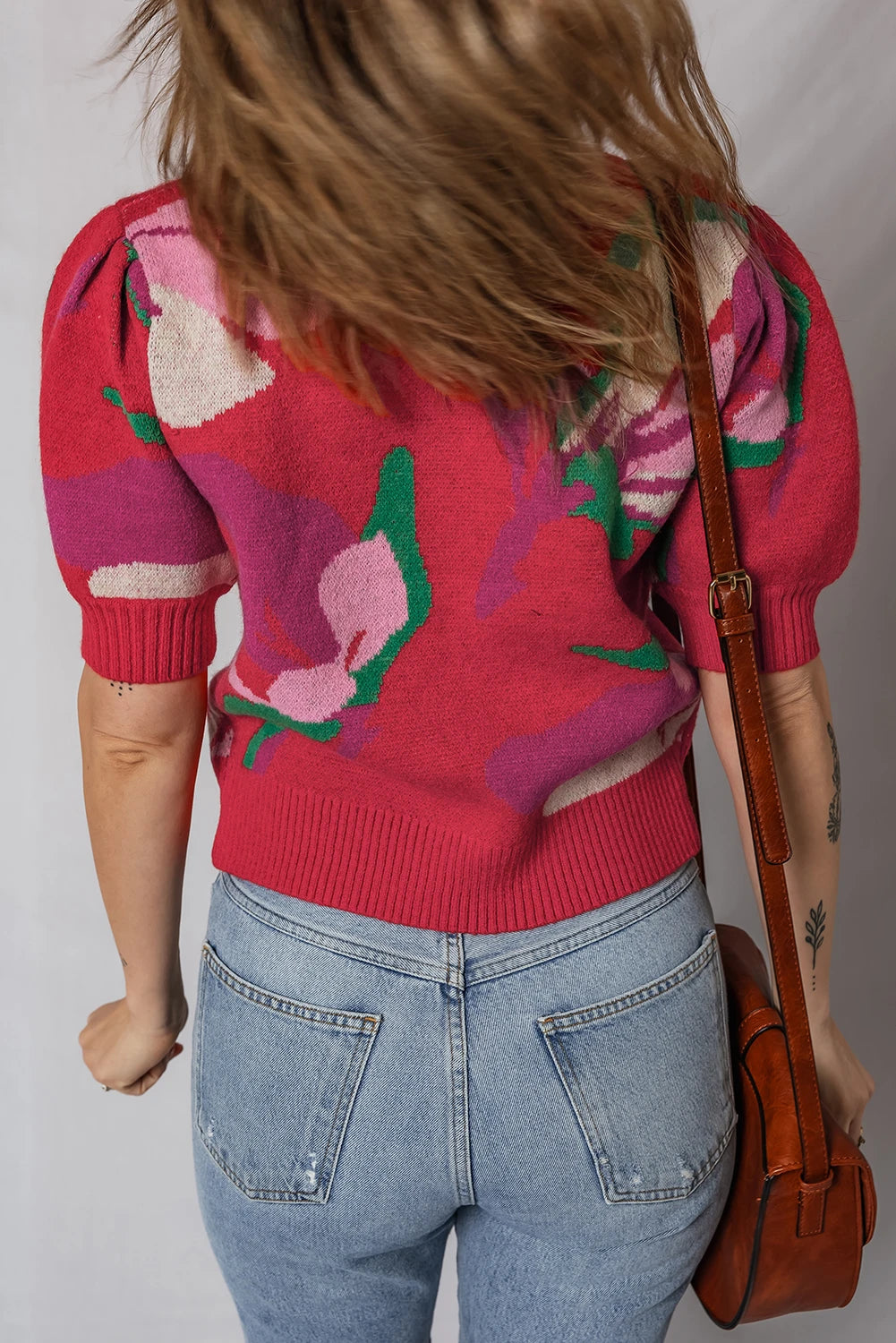 Print Short Puff Sleeve Sweater