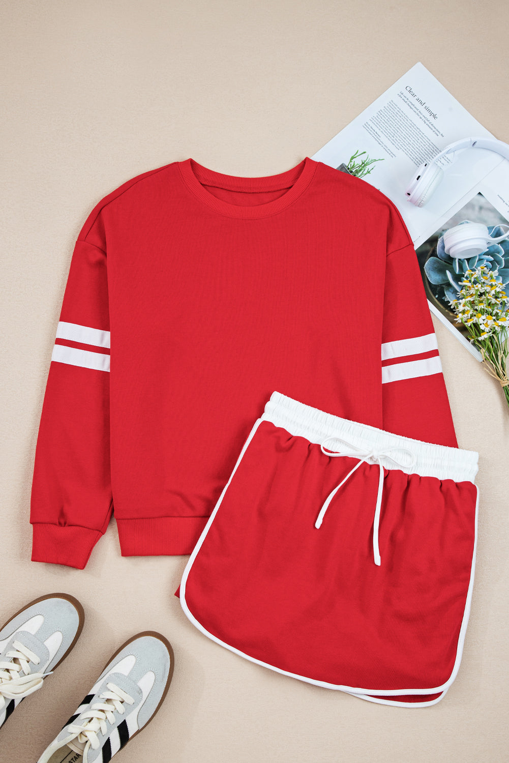 Varsity Striped Sleeve Drop Shoulder Sweatshirt and Short Set