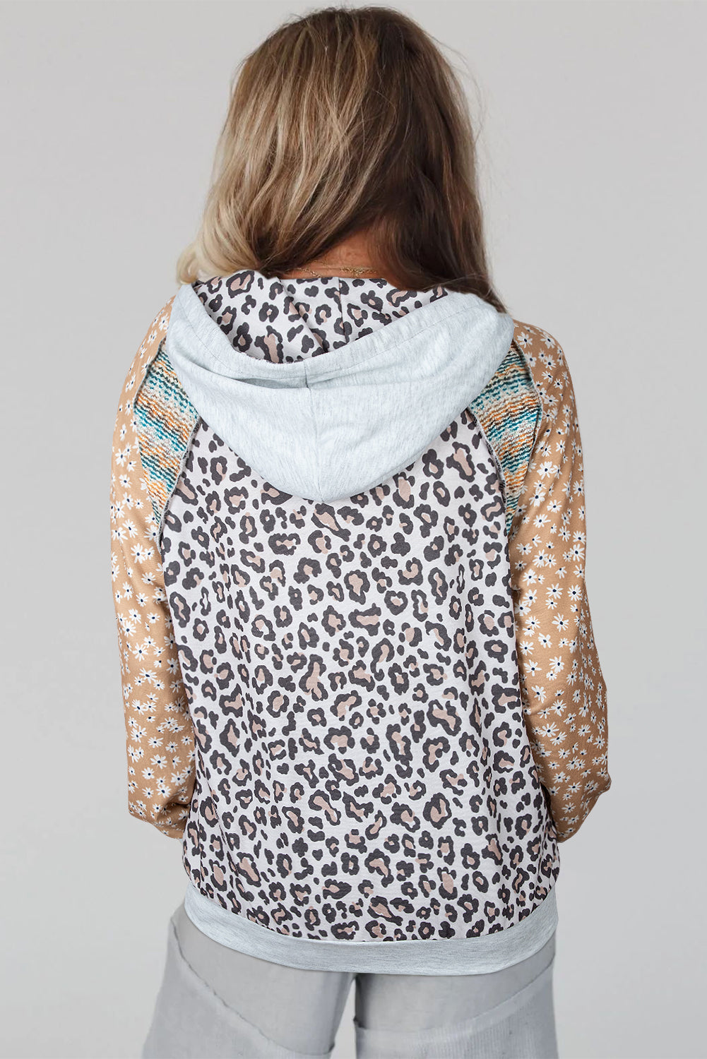 Leopard Floral Patchwork Drawstring Hoodie