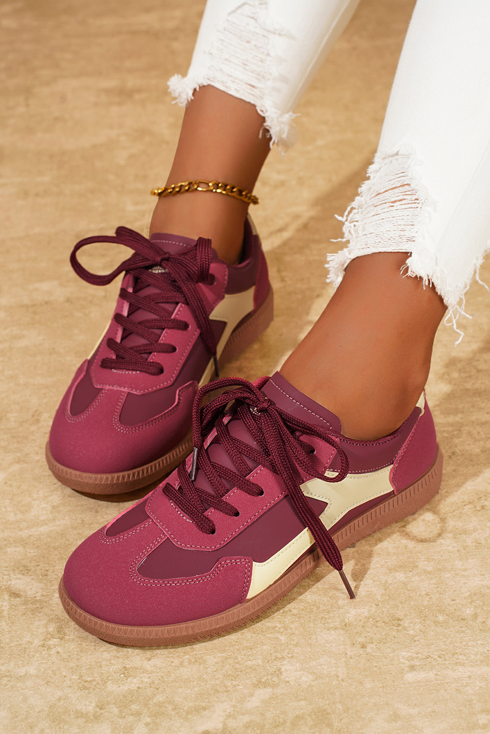 PU Leather Stitched Color Block Casual Lace-Up Sneakers