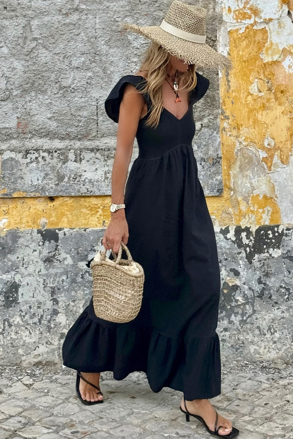 V Neck Flutter Sleeve Smocked Bodice High Waist Ruffle Maxi Dress