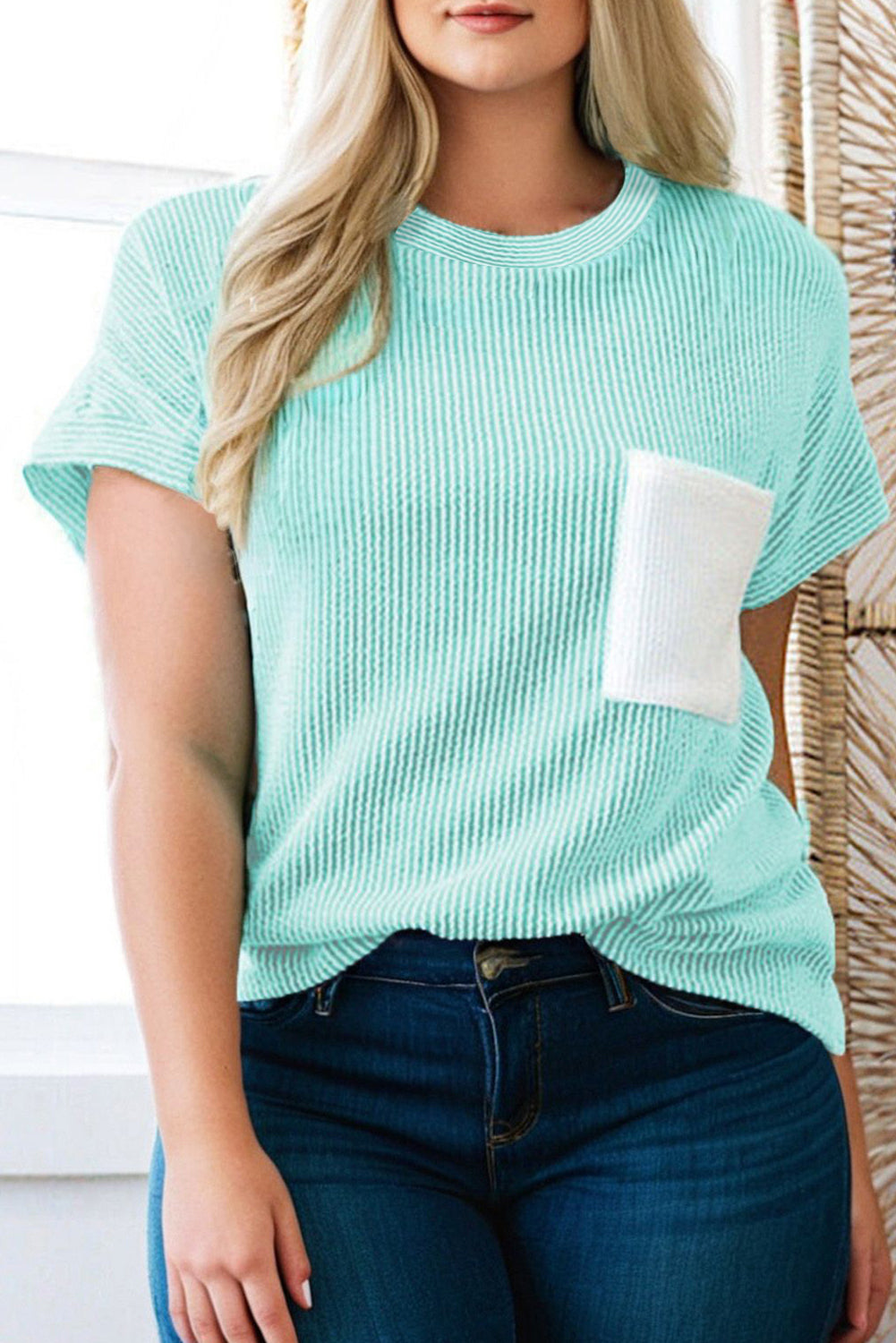 Corded Knit Color Block Pocketed Crew Neck T Shirt