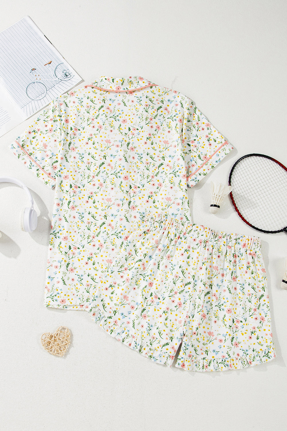 Floral Print Contrast Pipping Short Pajamas Set