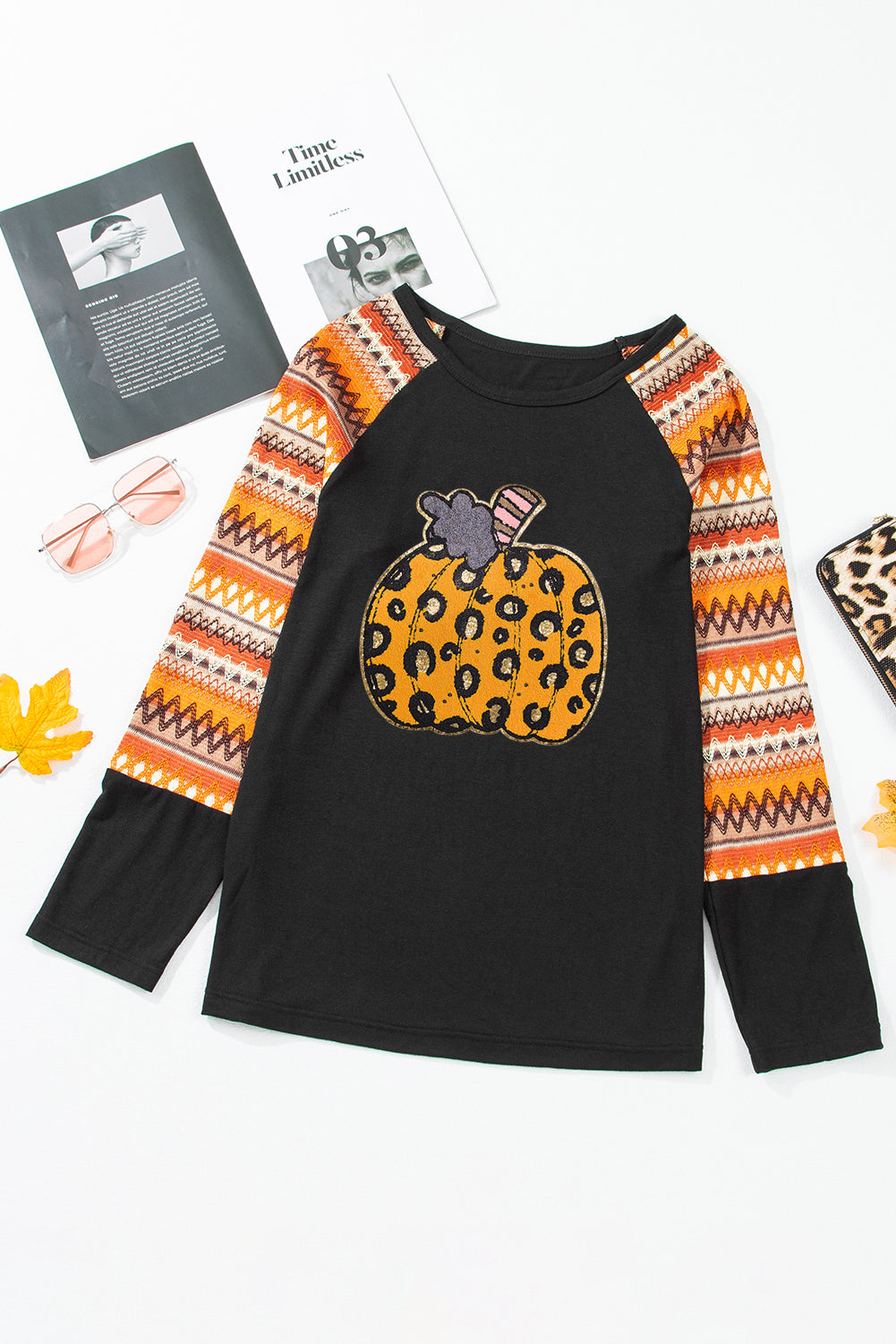 Leopard Pumpkin Patched Contrast Long Sleeve Top