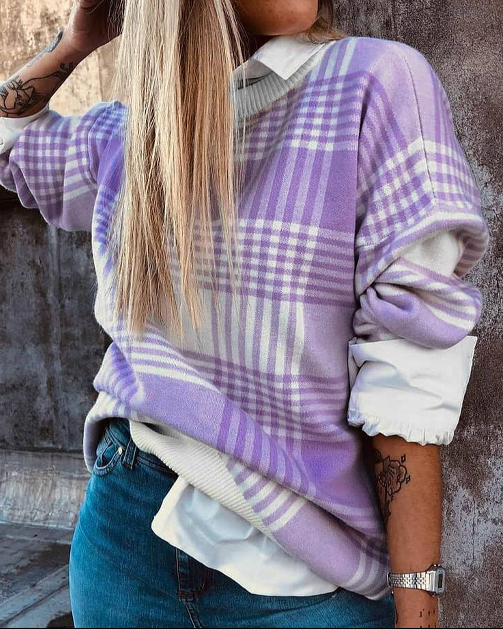 Plaid Print Ribbed Trim Loose Sweater
