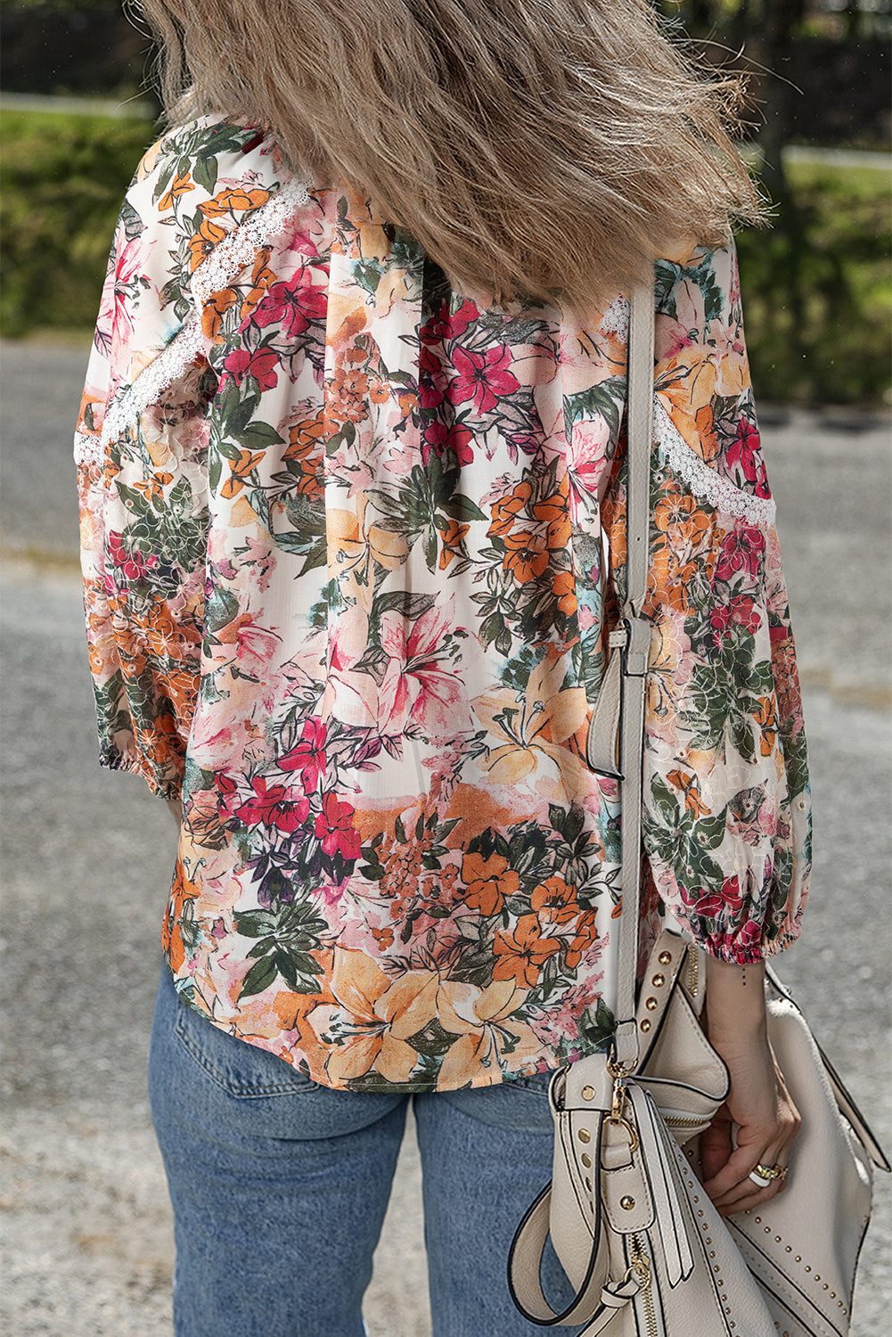 Floral Print Lace Embroidery Tie Split Neck Long Sleeve Blouse