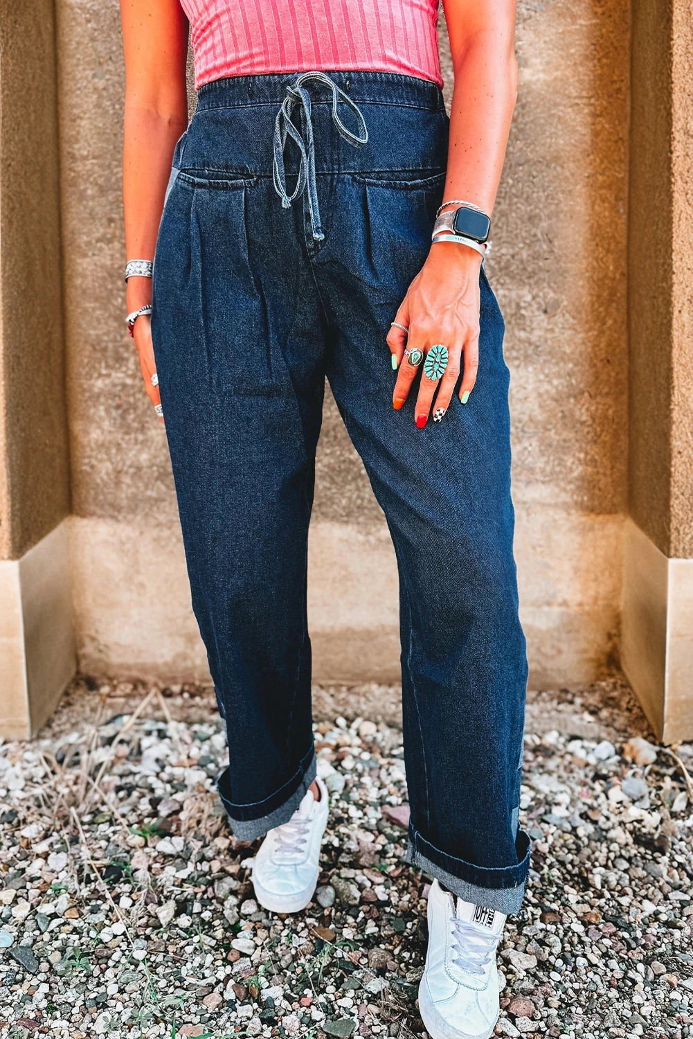 Patchwork Drawstring Loose Denim Pants