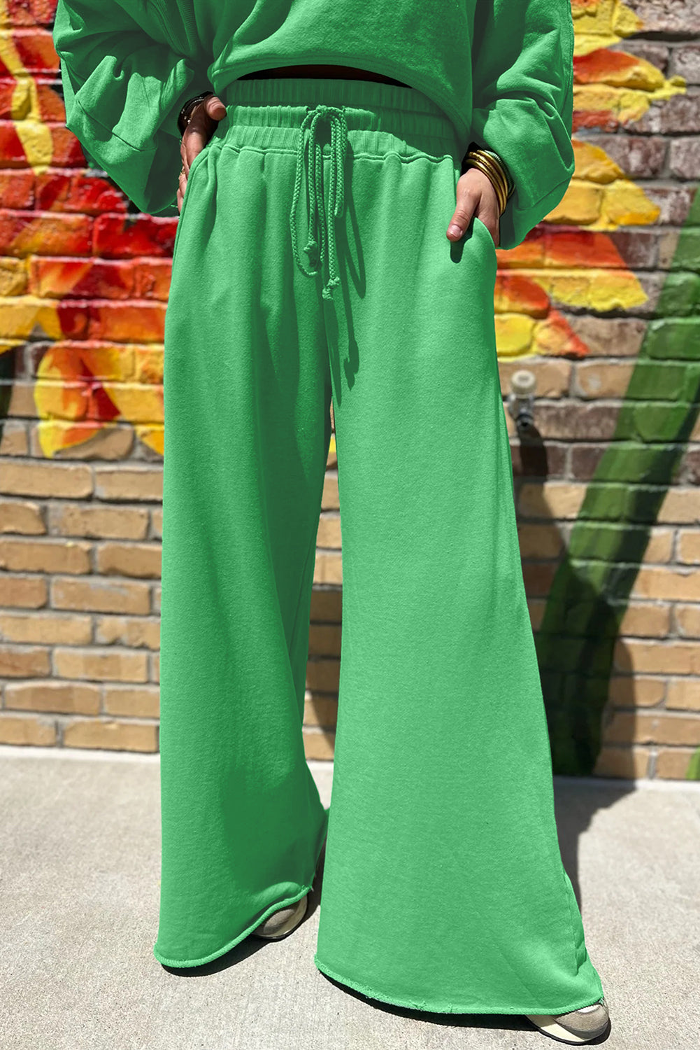 Drop Shoulder Puff Sleeve Crop Pullover Drawstring Wide Leg Pants Set