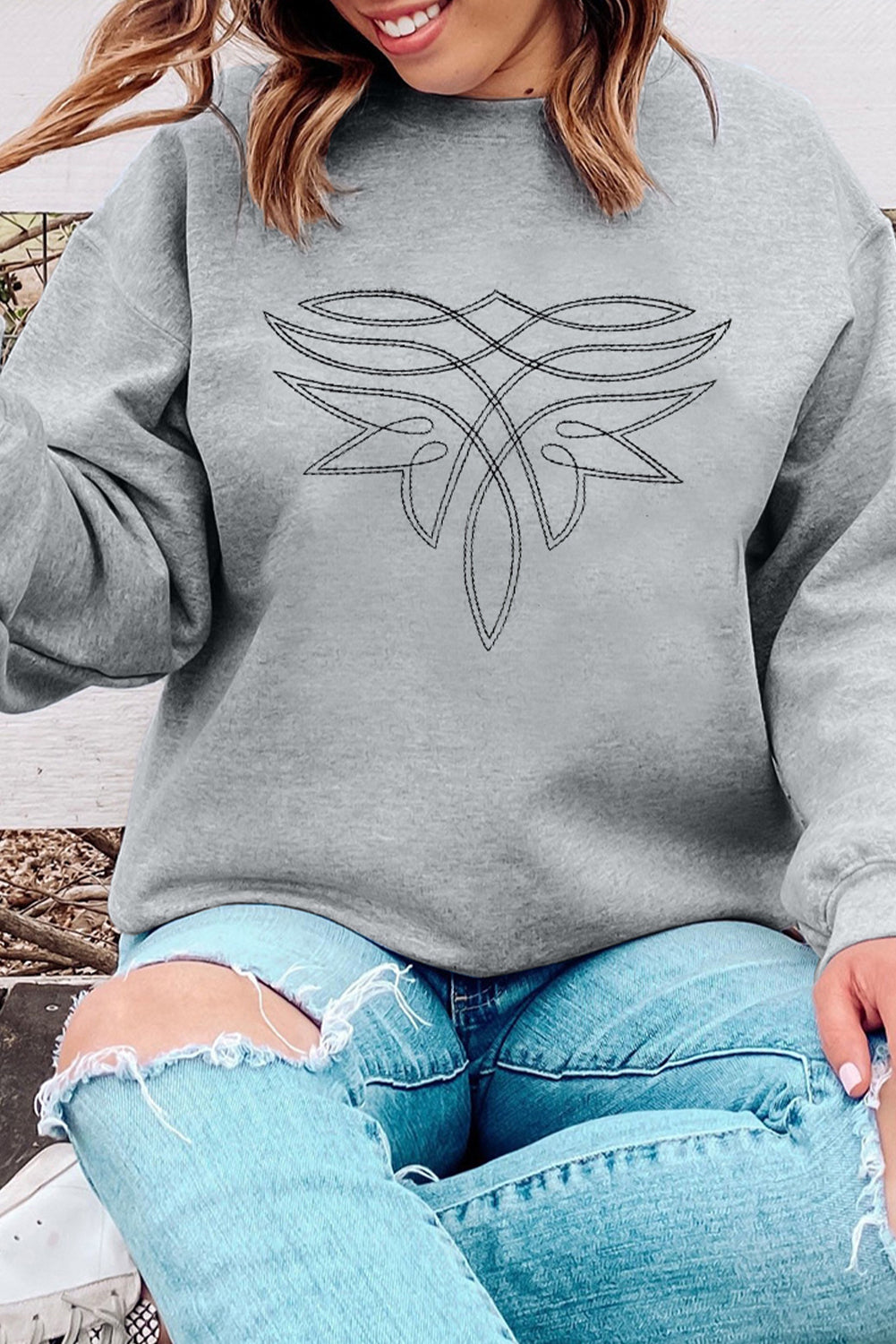 Western Pattern Embroidered Drop Shoulder Pullover Top