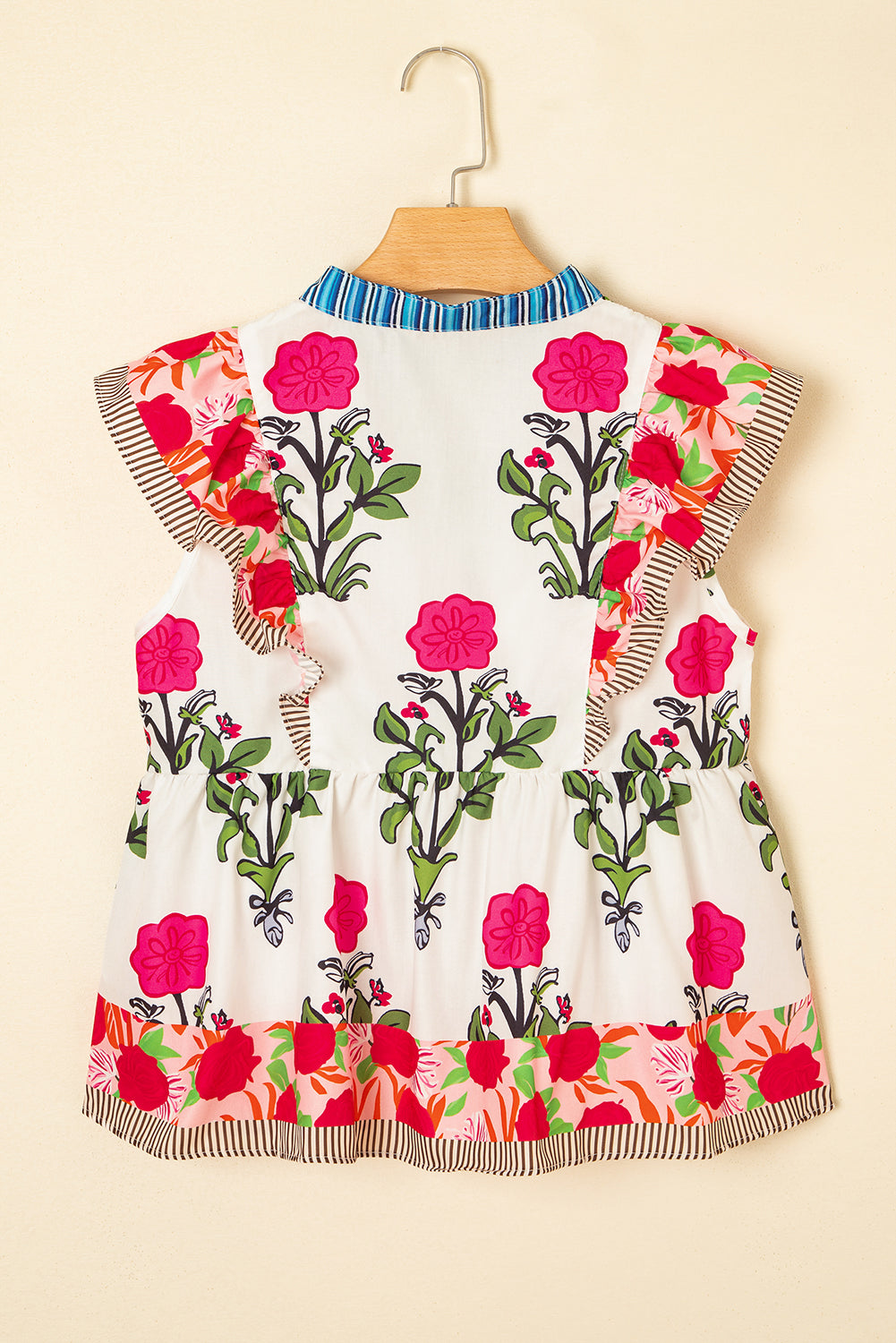 Floral Print Tie Neck Striped Detail Flutter Sleeve Blouse