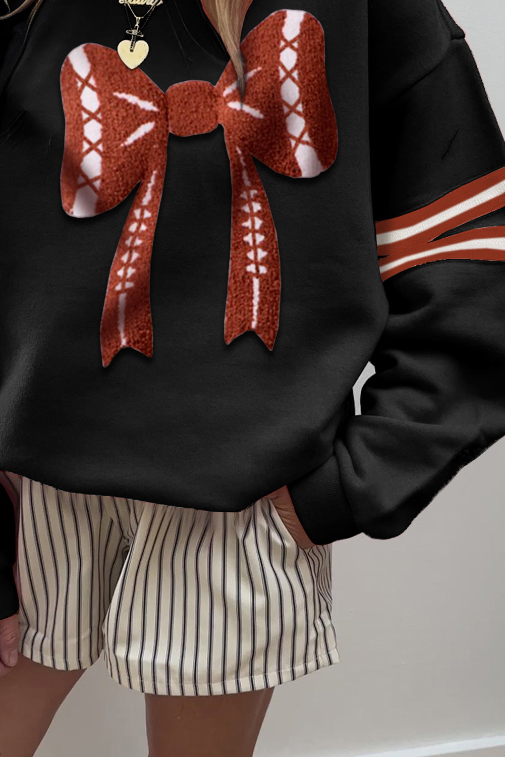 Varsity Baseball Bow Graphic Striped Sleeve Baggy Sweatshirt