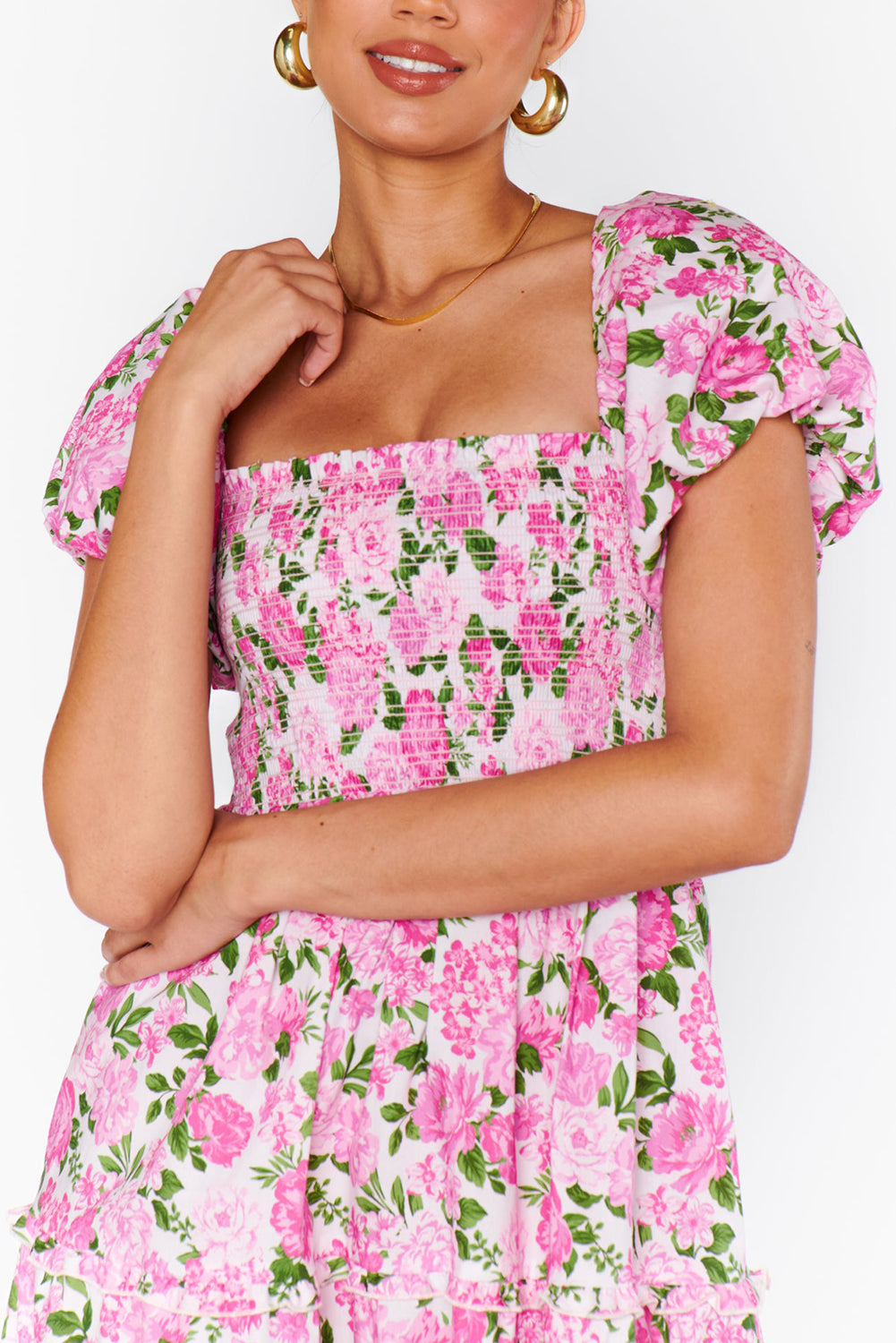 Dainty Floral Smocked Puff Sleeve Flowy Long Dress