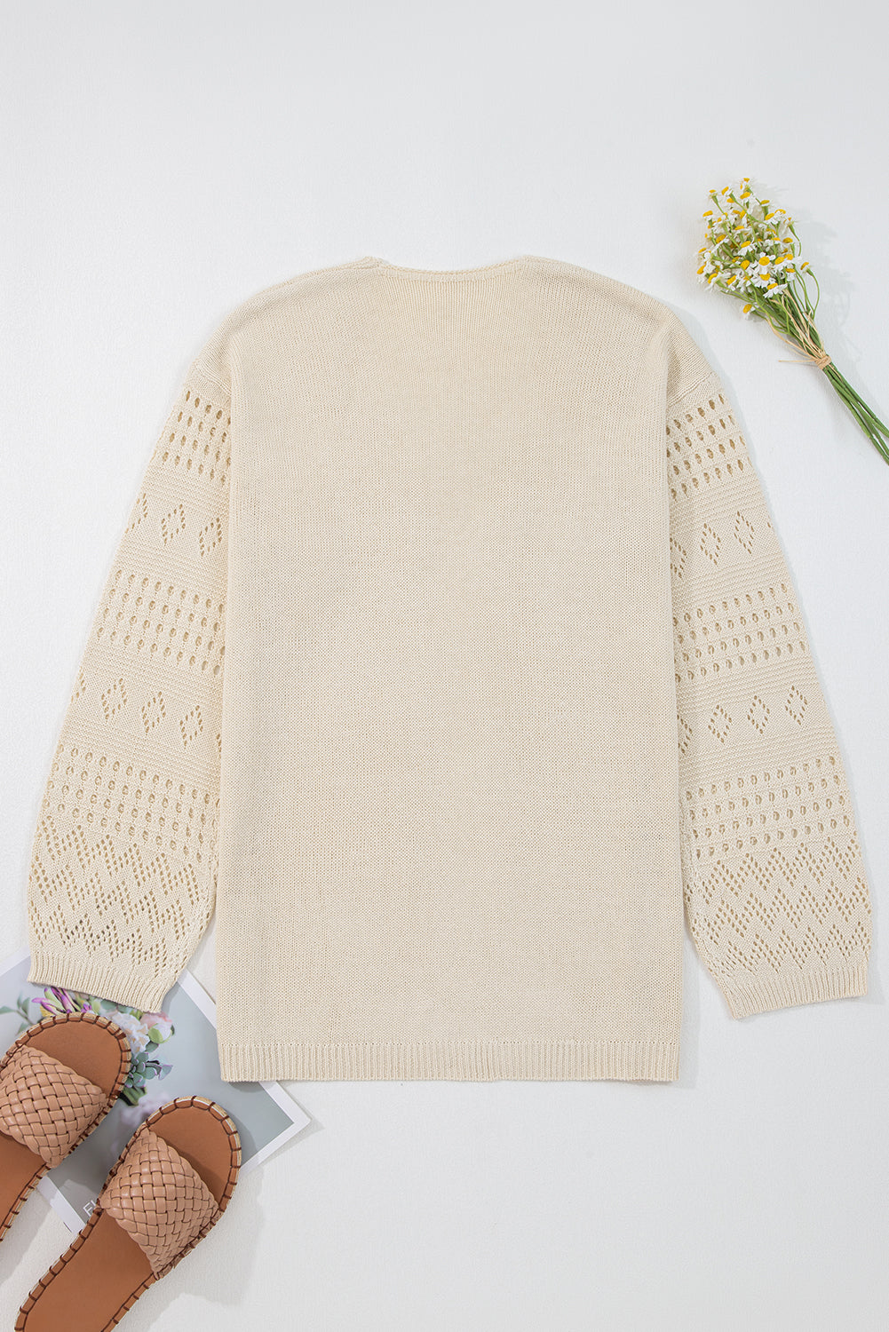 Solid Color Hollowed Knit Open Front Cardigan Sweater