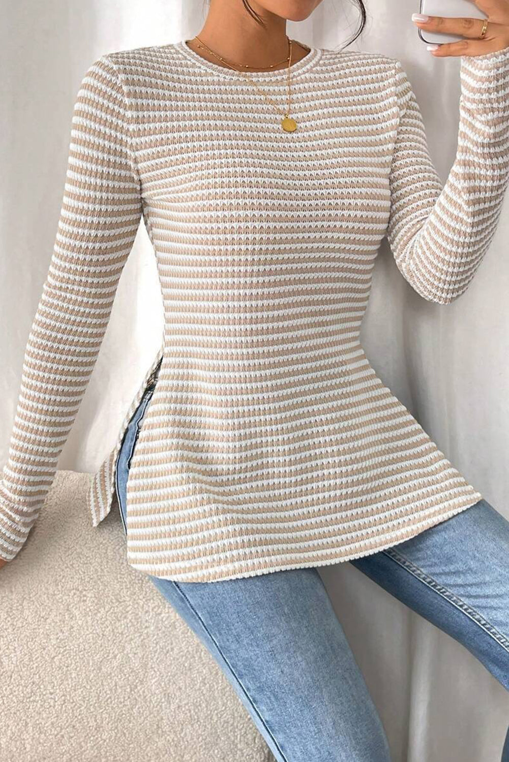 Striped Knit Side Slit Slim Round Neck Tunic Top