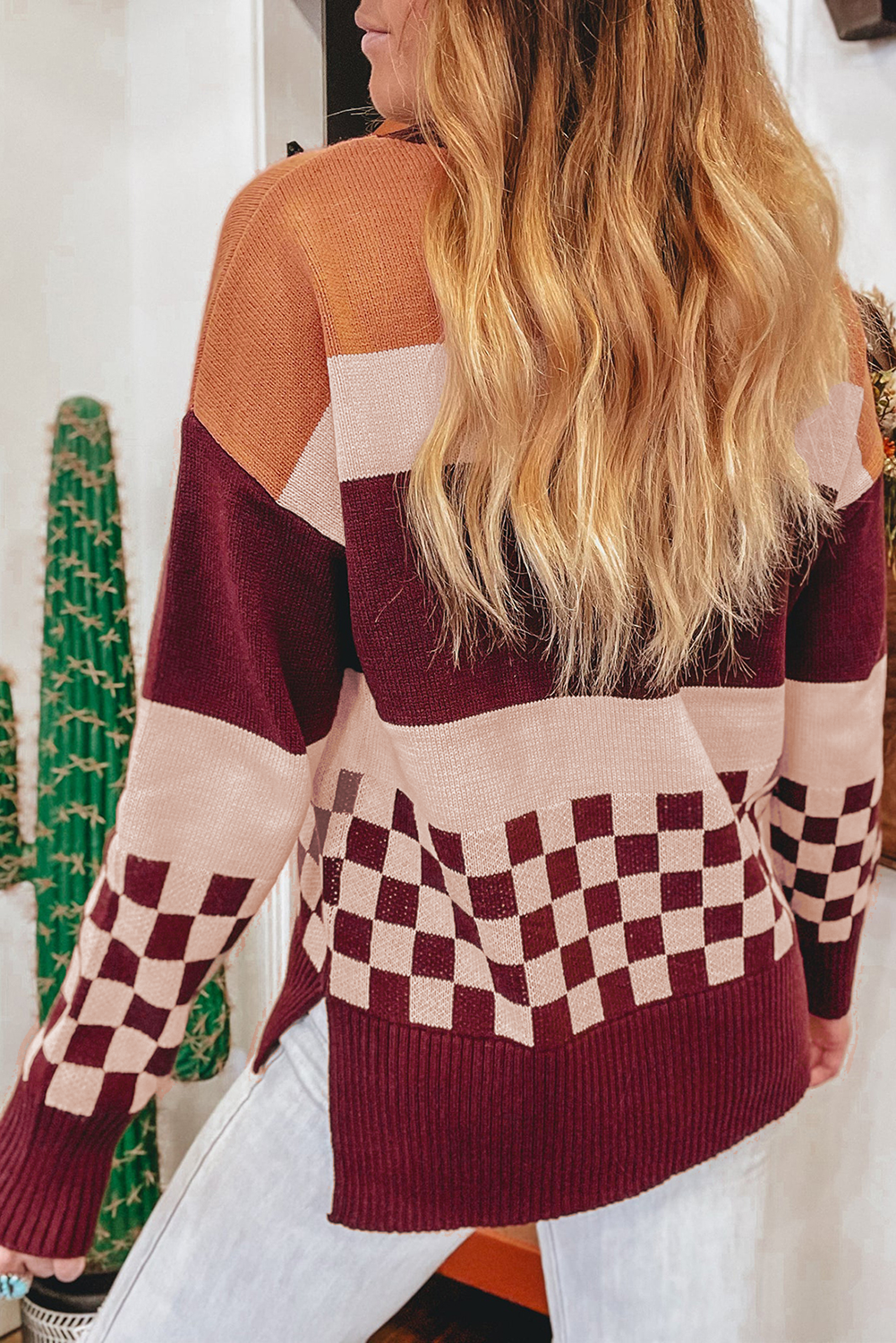 Block Knitted Drop Shoulder Sweater